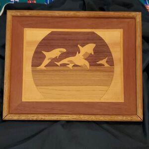 Vintage Yukon Collection Fine Alaskan Marquetry Whale Pod Wood Picture